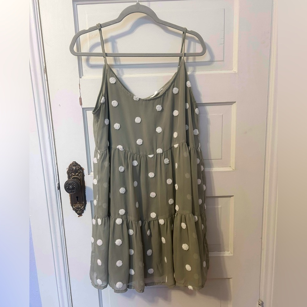 MINE Tiered Sage Green Sheer Textured White Polka Dot Short Loose Dress Large
